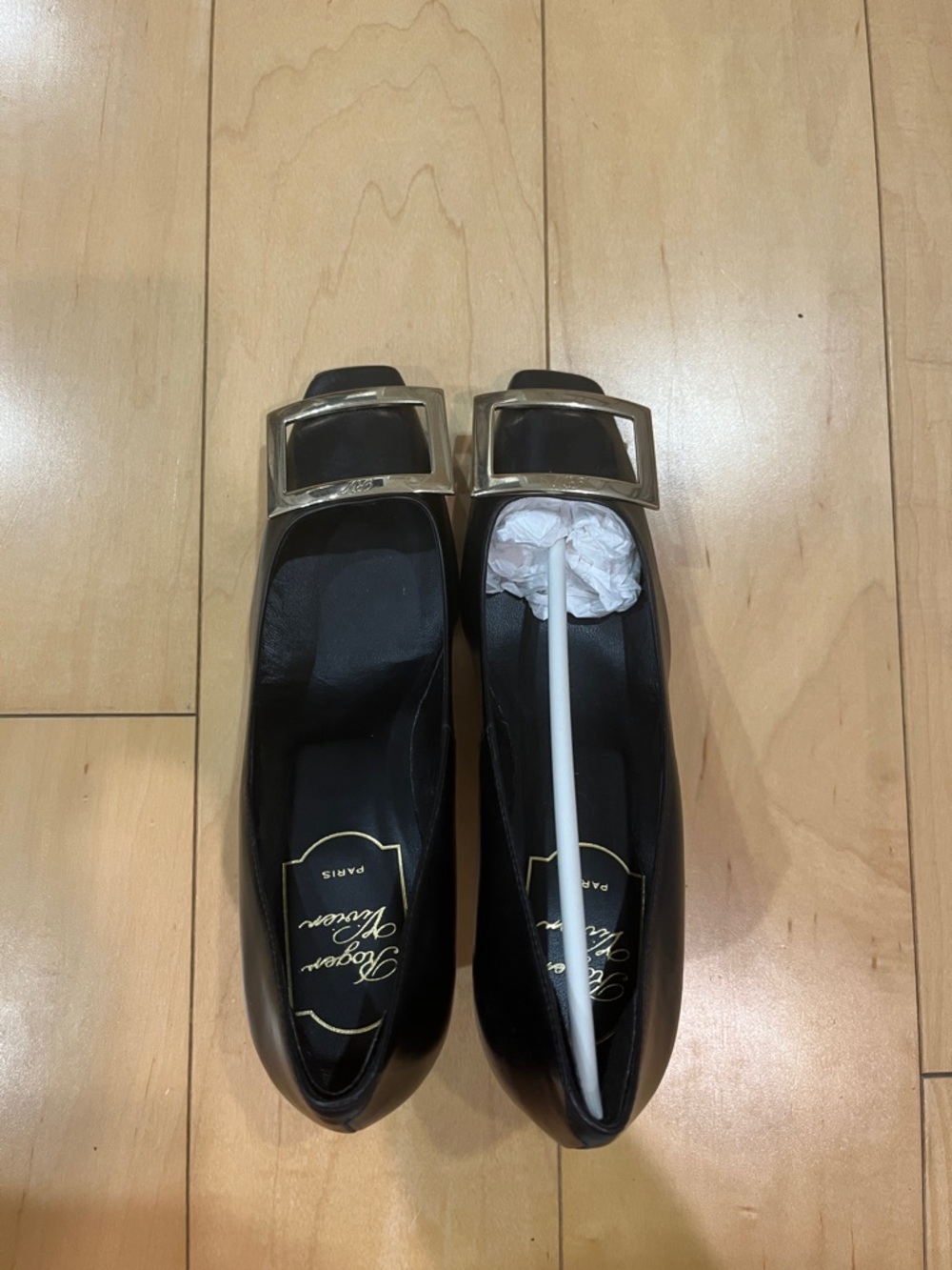 Roger Vivier Black Leather Square-Buckle Flats